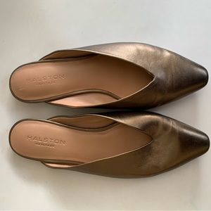 Halston Heritage Gold Soft Leather Pointy Mules Slides Size 8